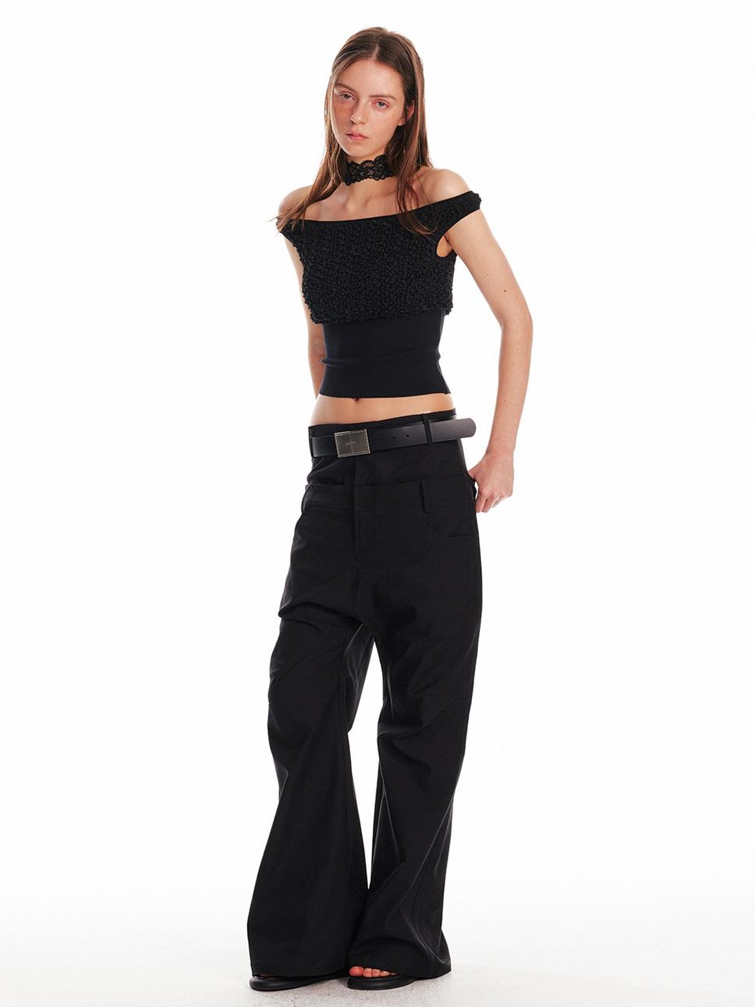 ALINNV STUDIO Slim Off Shoulder Silk Top With Floral Detail