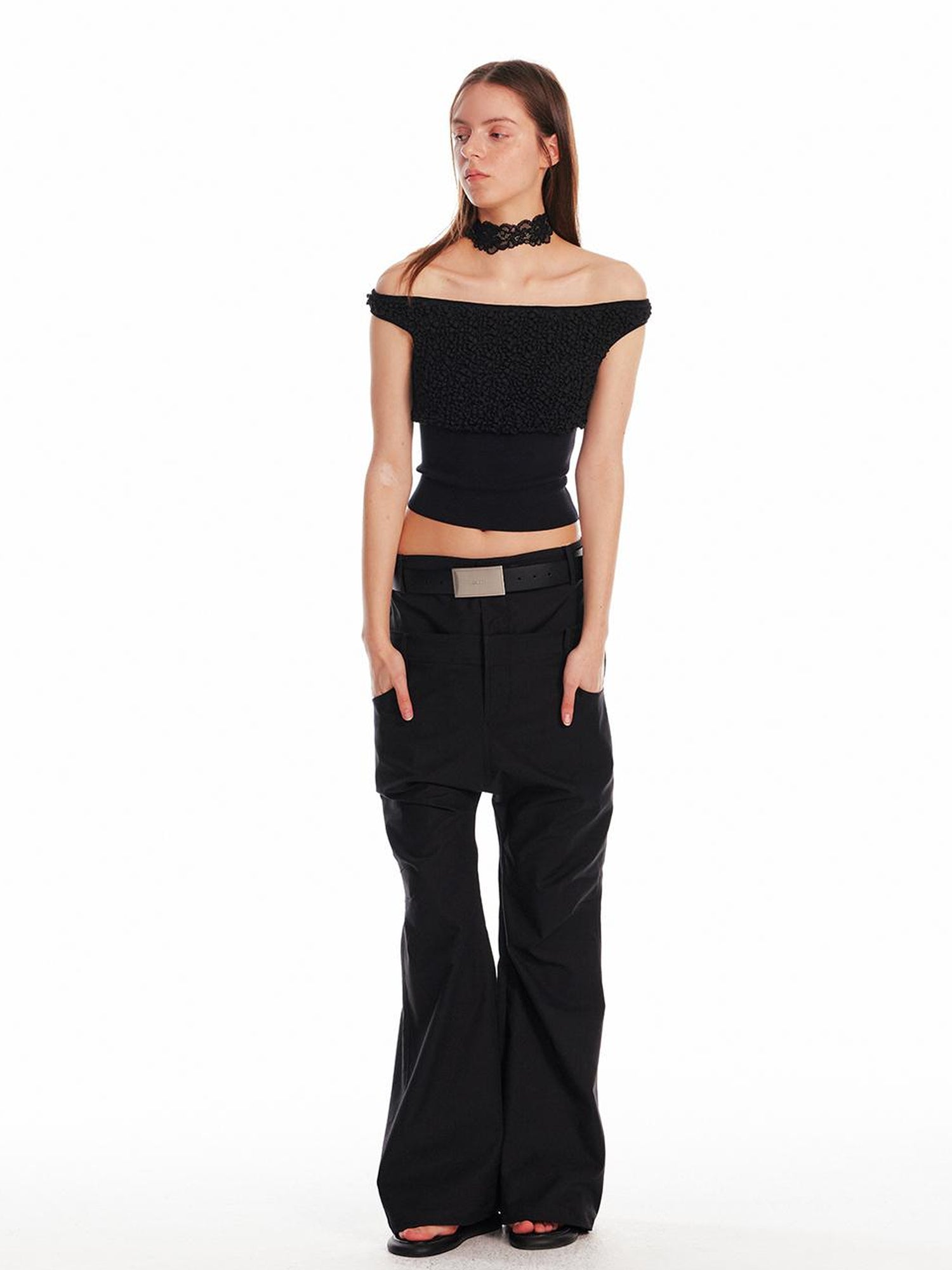 ALINNV STUDIO Slim Off Shoulder Silk Top With Floral Detail