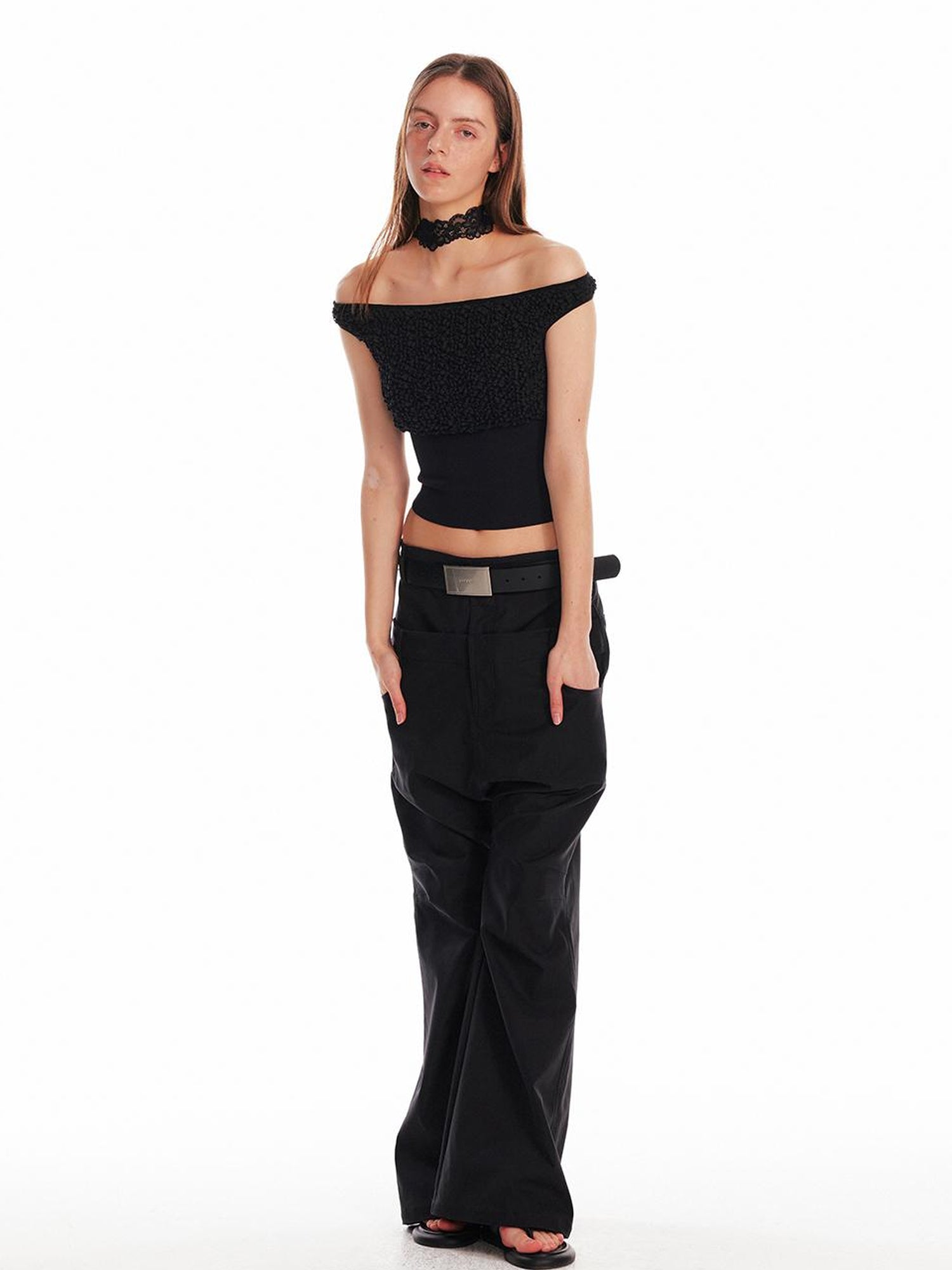 ALINNV STUDIO Slim Off Shoulder Silk Top With Floral Detail