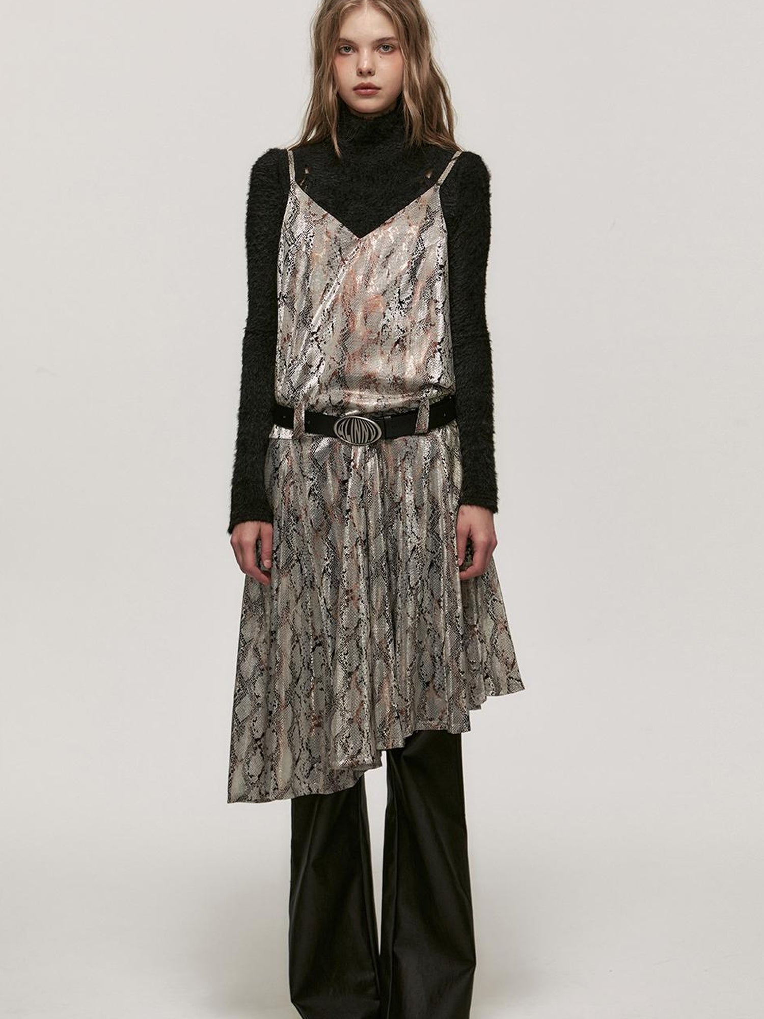 ALINNV STUDIO Snake Print Slip Dress Adjustable Strap Knee Length