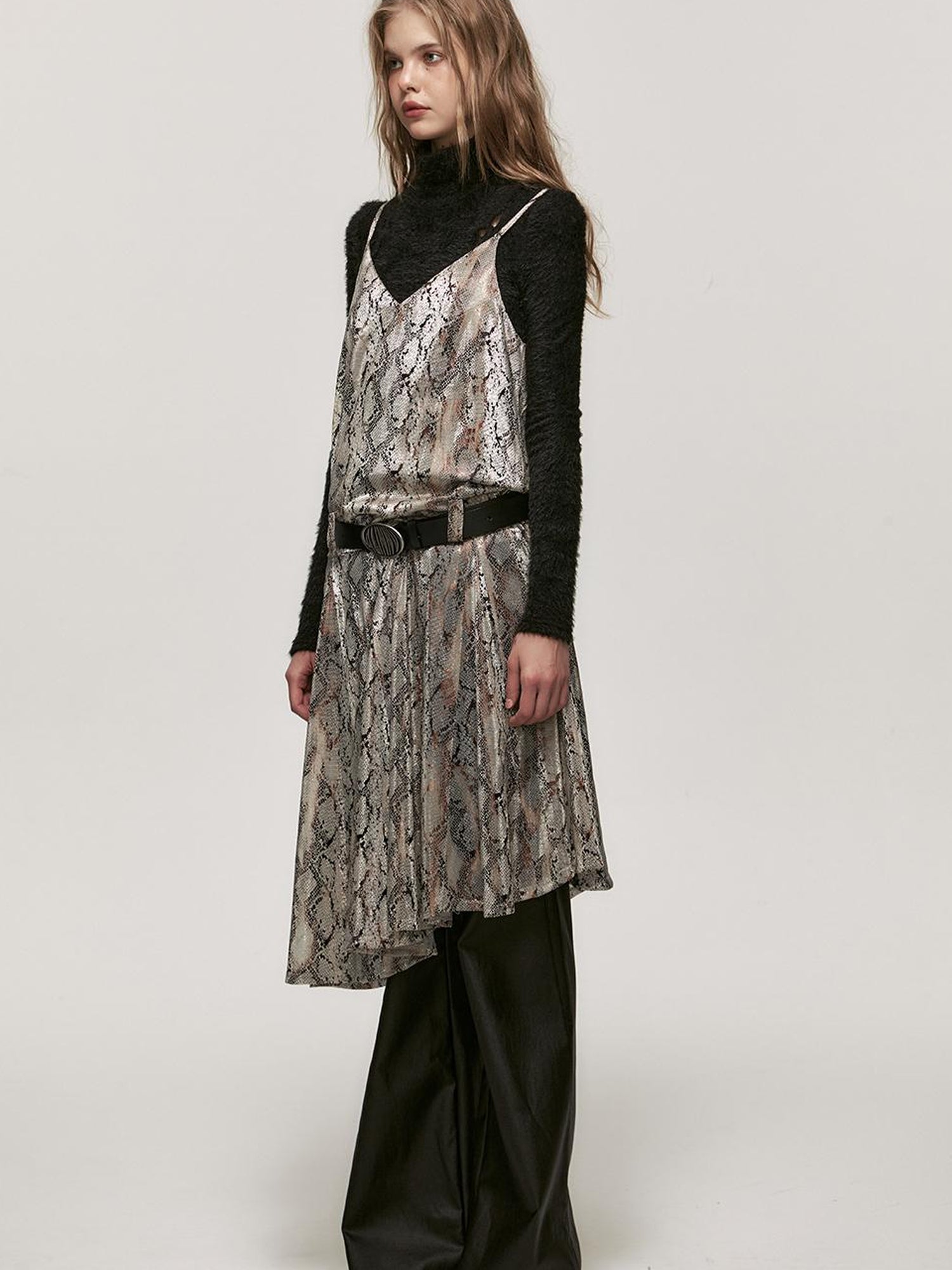 ALINNV STUDIO Snake Print Slip Dress Adjustable Strap Knee Length