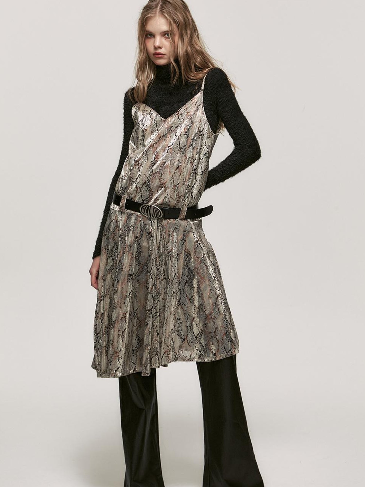 ALINNV STUDIO Snake Print Slip Dress Adjustable Strap Knee Length