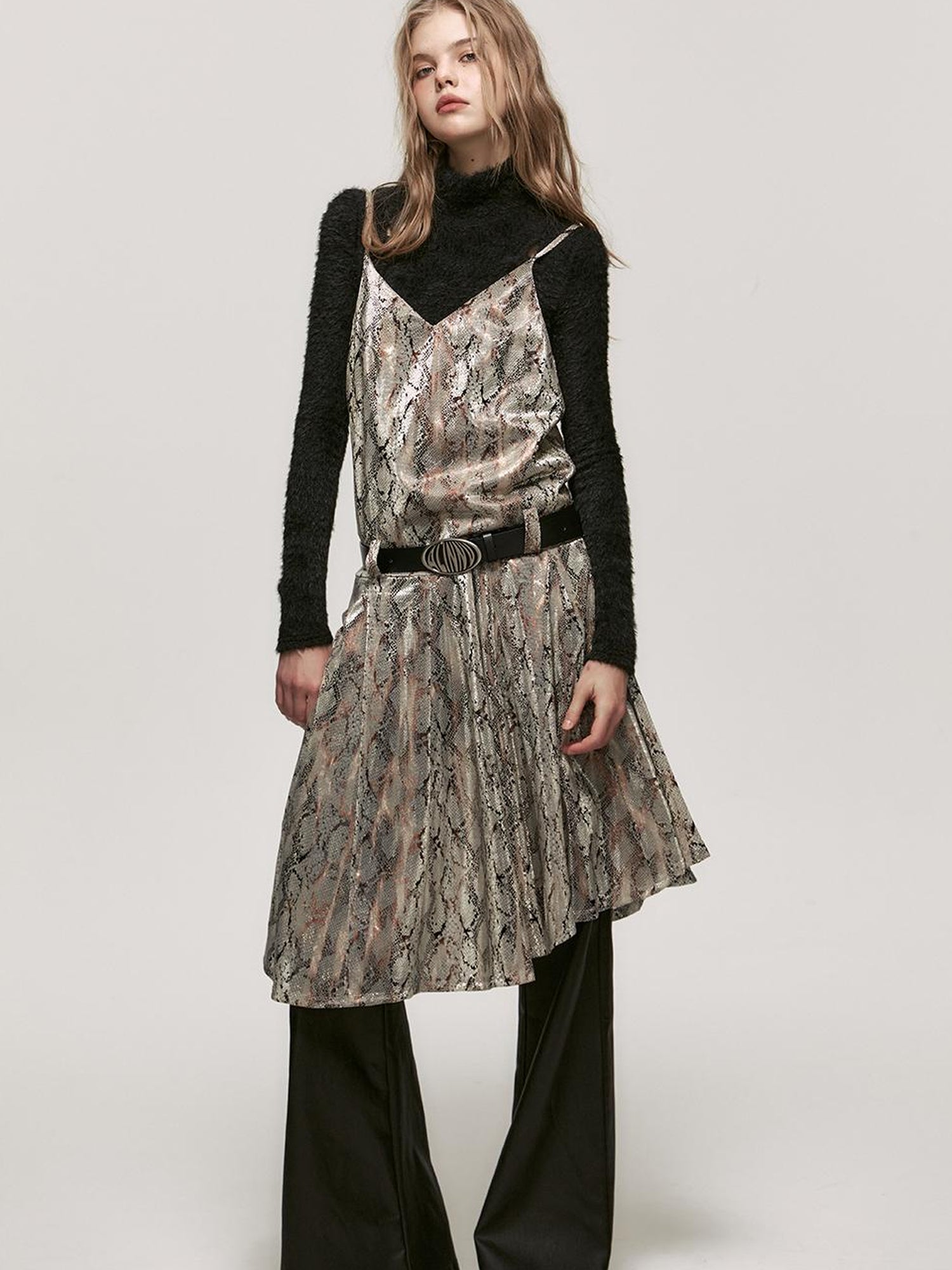 ALINNV STUDIO Snake Print Slip Dress Adjustable Strap Knee Length