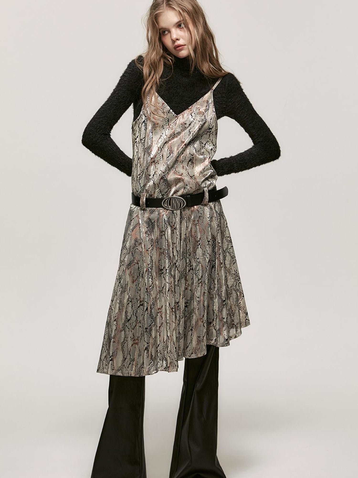 ALINNV STUDIO Snake Print Slip Dress Adjustable Strap Knee Length