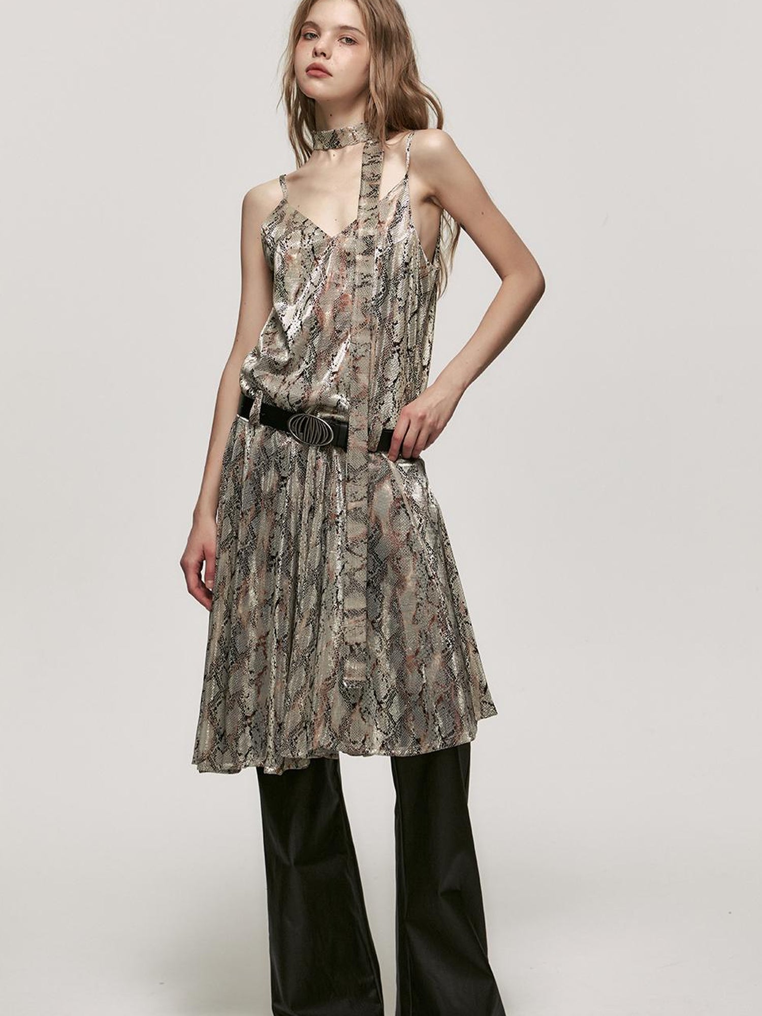 ALINNV STUDIO Snake Print Slip Dress Adjustable Strap Knee Length