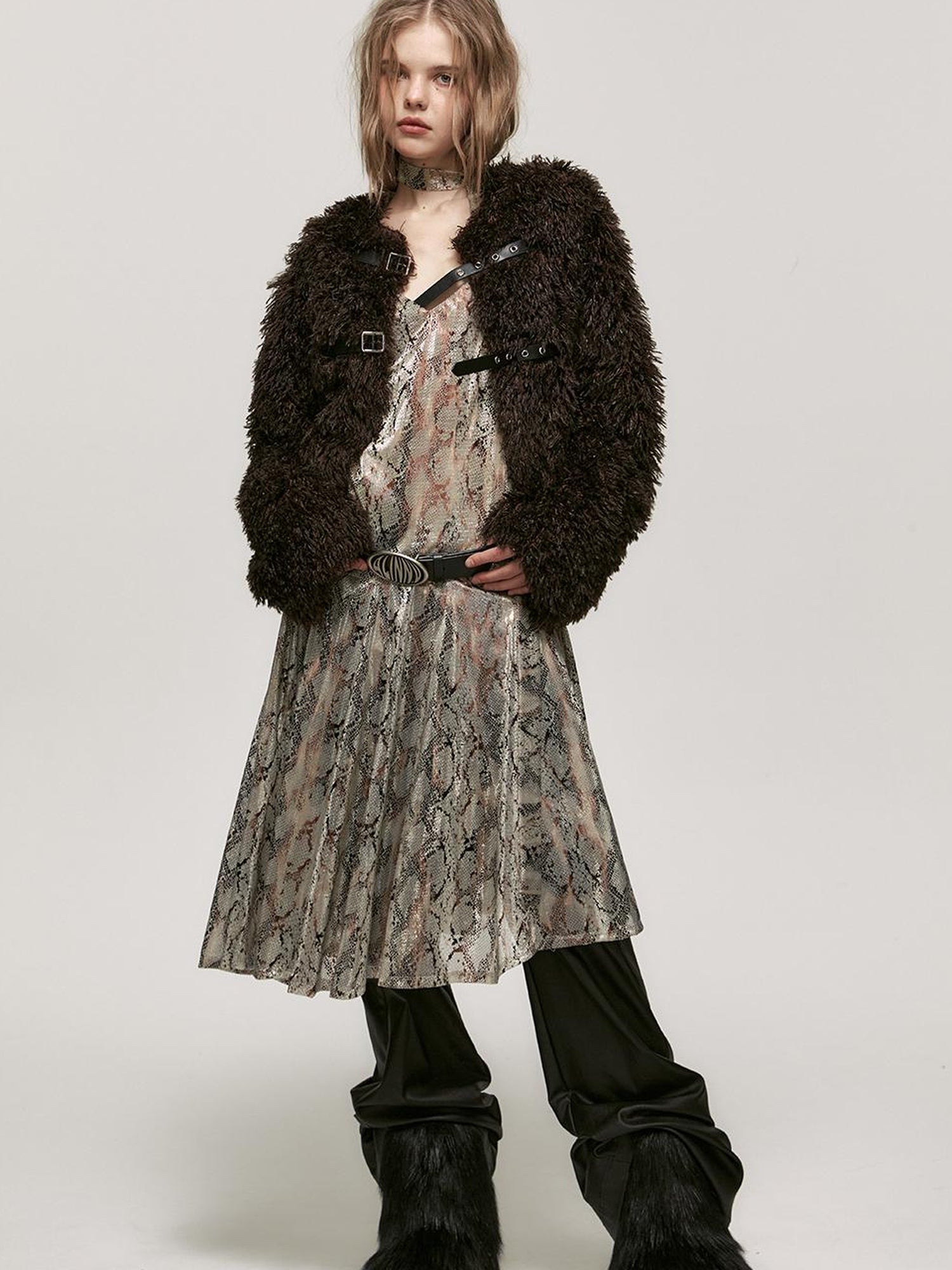 ALINNV STUDIO Snake Print Slip Dress Adjustable Strap Knee Length