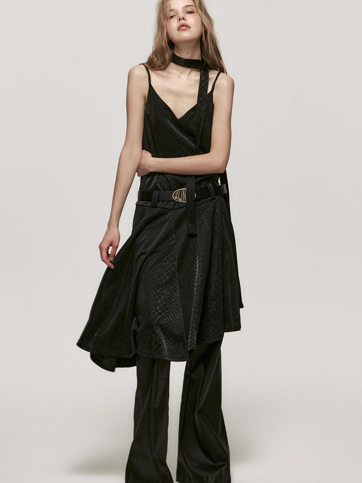 ALINNV STUDIO Snake Print Slip Dress Adjustable Strap Knee Length