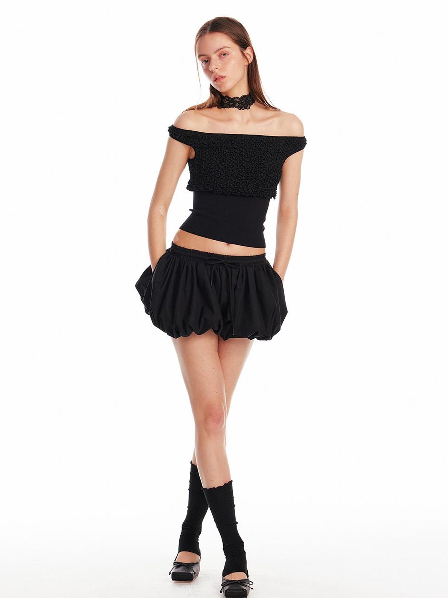 ALINNV STUDIO Textured Bubble Shorts With Elastic Waist