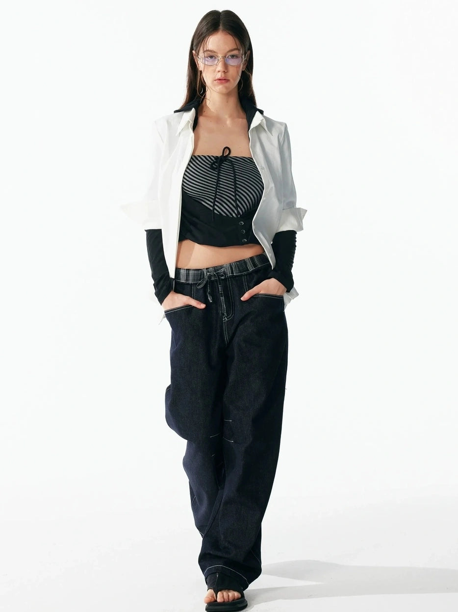 ALINNV STUDIO Two Layer Hooded Crop Top With Drawstring And Asymmetrical Hem T-shirt