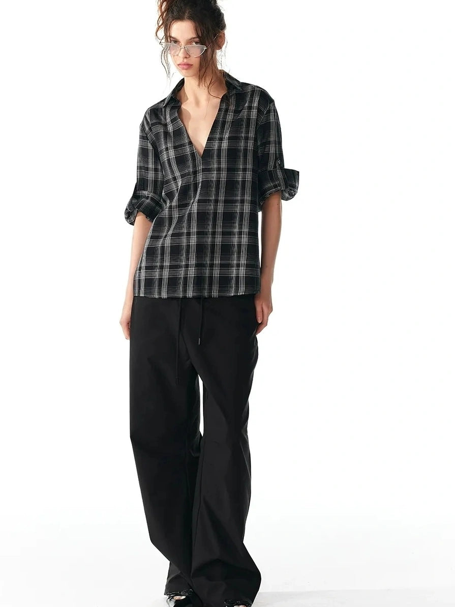 ALINNV STUDIO V-Neck Checked Shirt With Roll-Up Sleeves Shirts