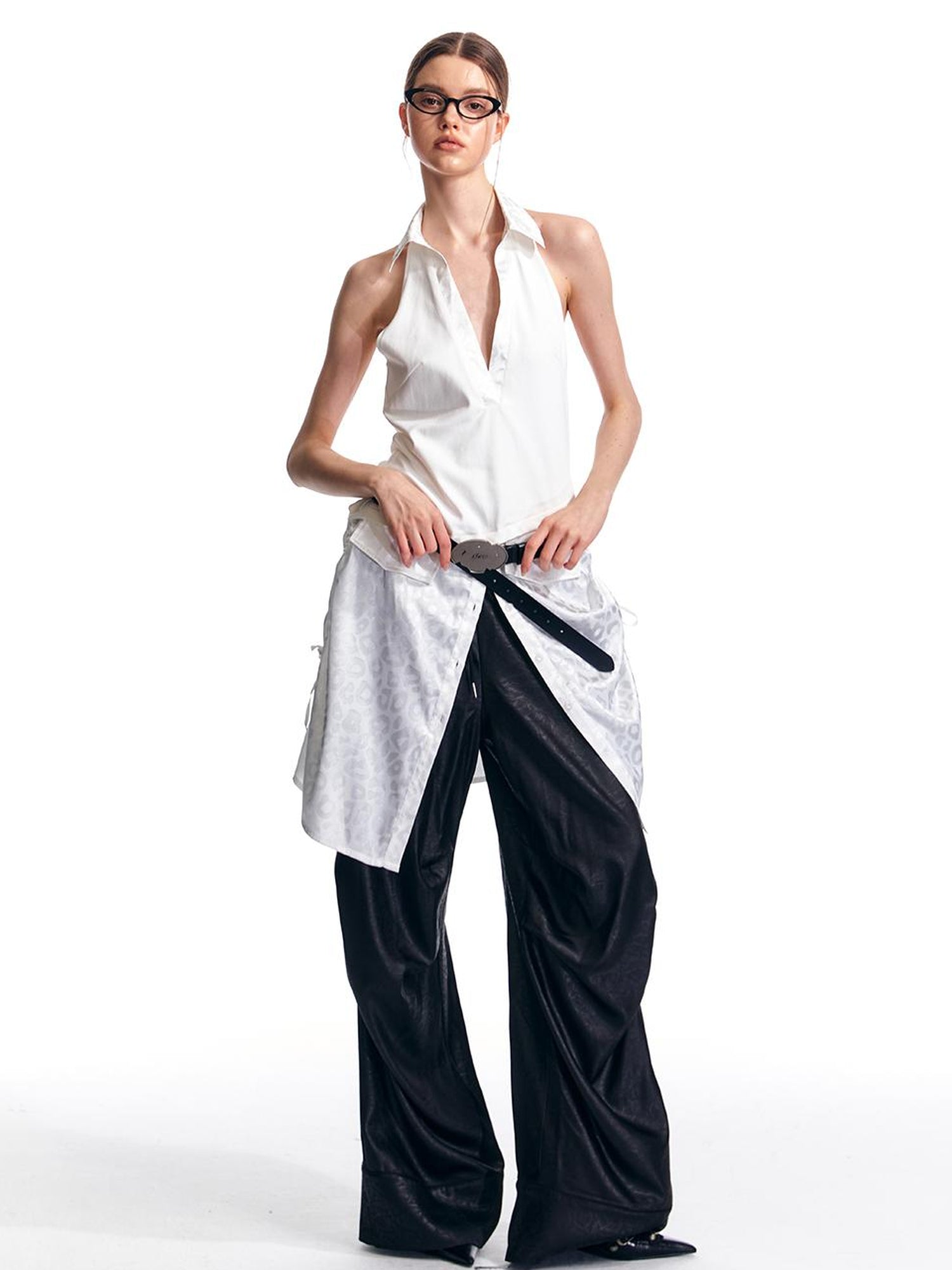 ALINNV STUDIO V-Neck Halter Backless Maxi Dress Adjustable Slit