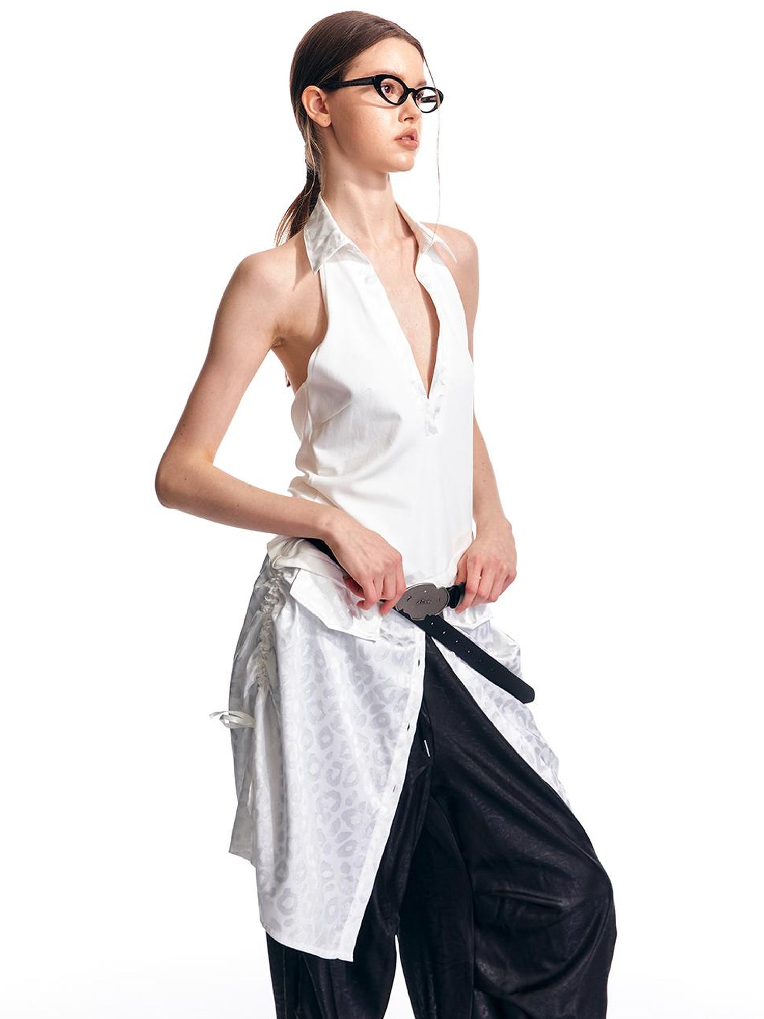 ALINNV STUDIO V-Neck Halter Backless Maxi Dress Adjustable Slit