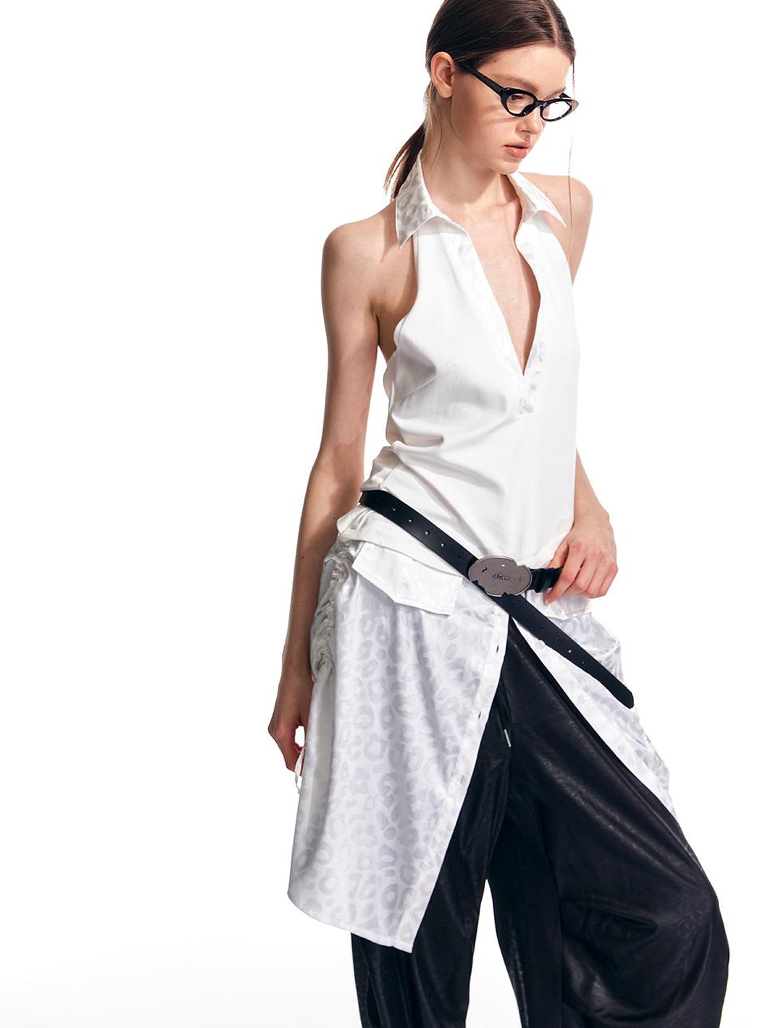 ALINNV STUDIO V-Neck Halter Backless Maxi Dress Adjustable Slit