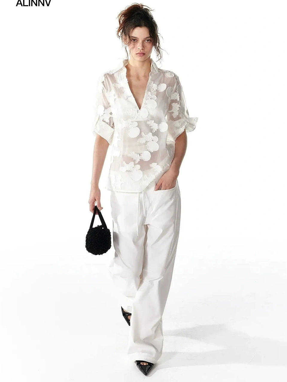 ALINNV STUDIO V-Neck Shell Lace Organza Blouse Shirts