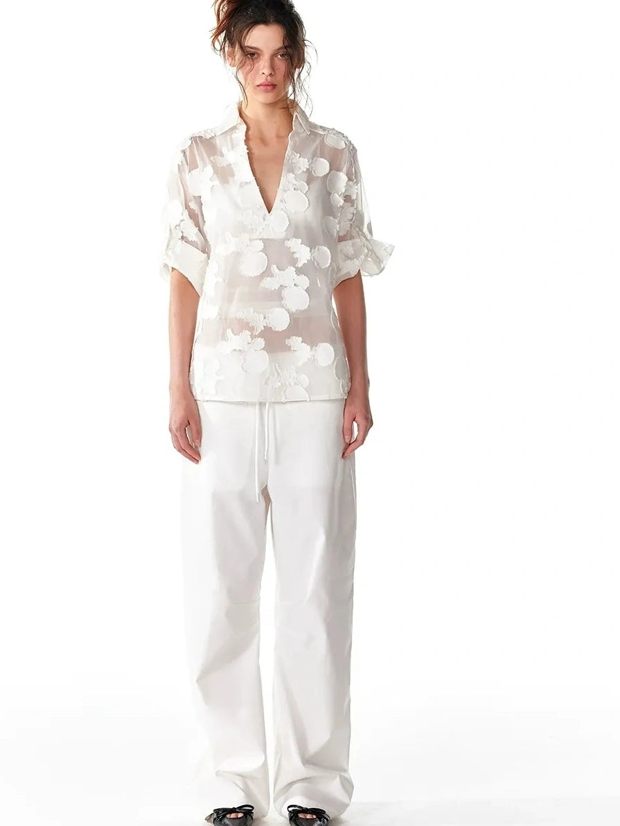 ALINNV STUDIO V-Neck Shell Lace Organza Blouse Shirts