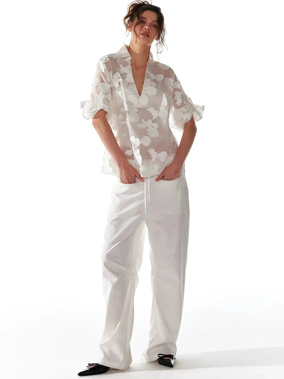 ALINNV STUDIO V-Neck Shell Lace Organza Blouse Shirts