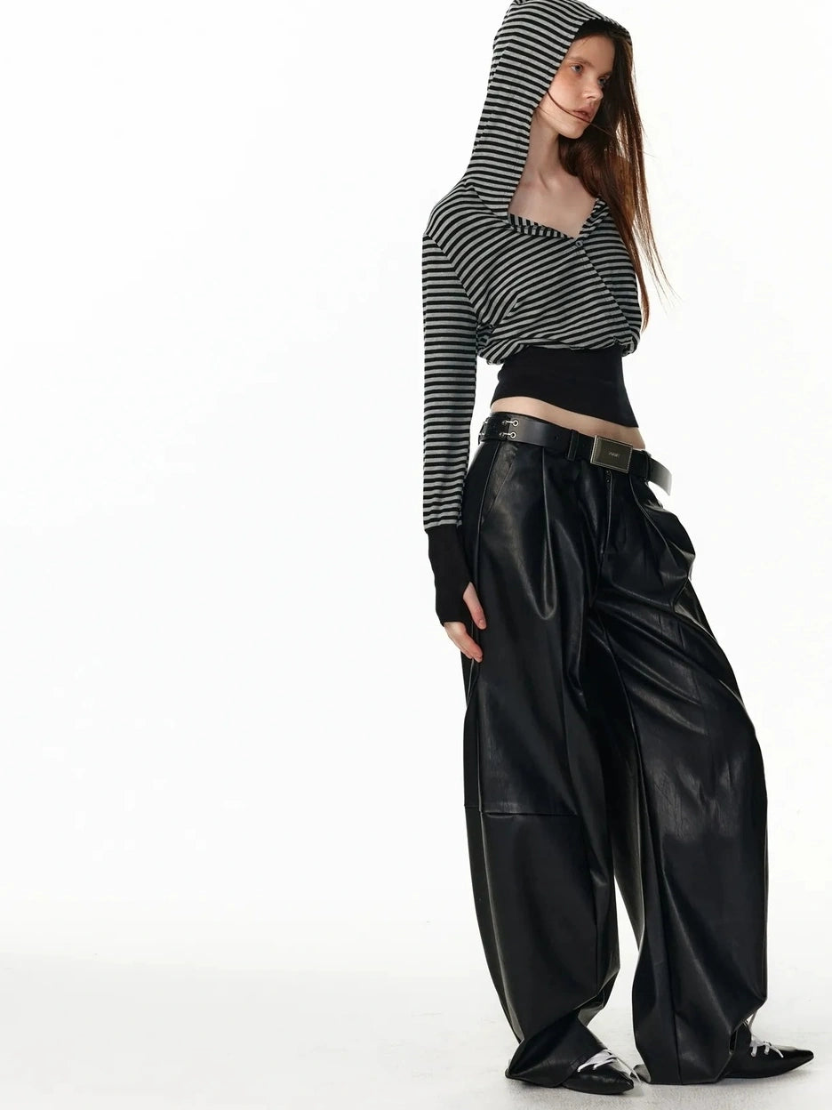 ALINNV STUDIO V-Neck Striped Ribbed Hooded Wool Sweater T-shirt