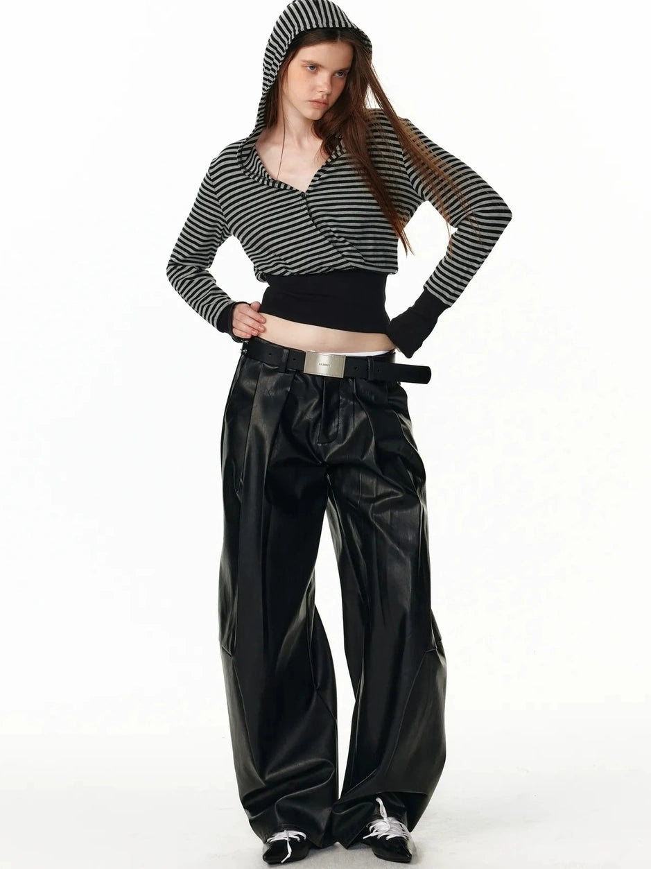 ALINNV STUDIO V-Neck Striped Ribbed Hooded Wool Sweater T-shirt