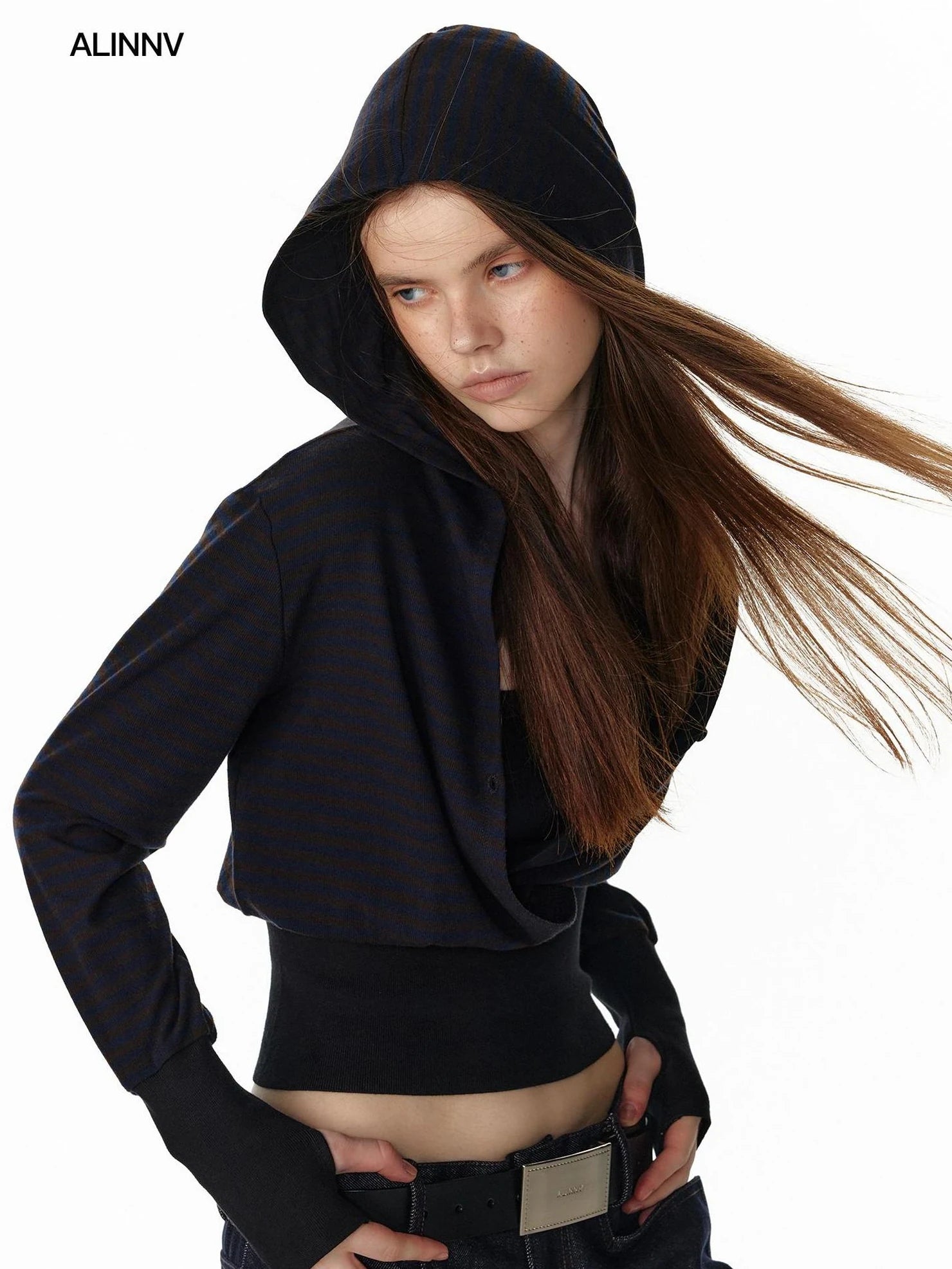 ALINNV STUDIO V-Neck Striped Ribbed Hooded Wool Sweater T-shirt