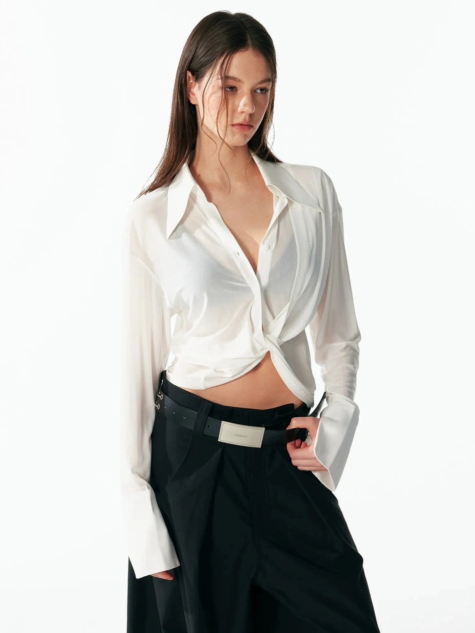 ALINNV STUDIO V-Neck Twist Detail Blouse With Flowy Sleeves Shirts