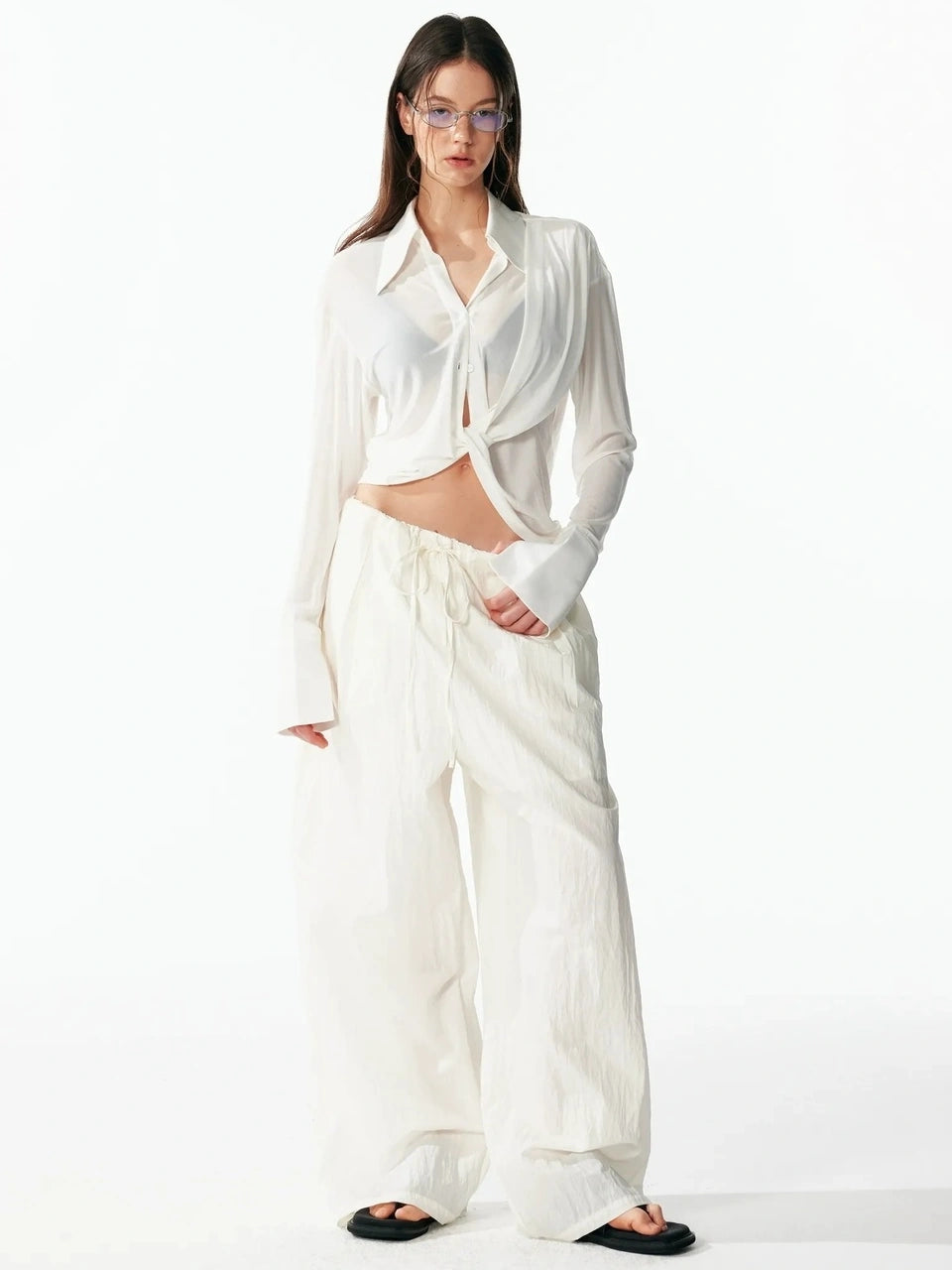 ALINNV STUDIO V-Neck Twist Detail Blouse With Flowy Sleeves Shirts