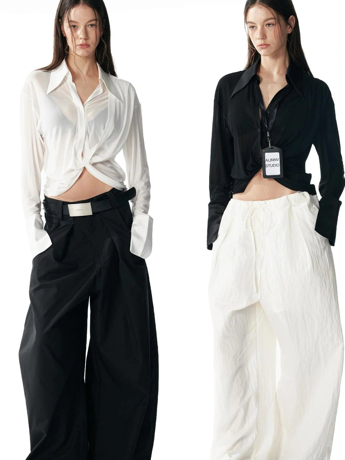 ALINNV STUDIO V-Neck Twist Detail Blouse With Flowy Sleeves Shirts