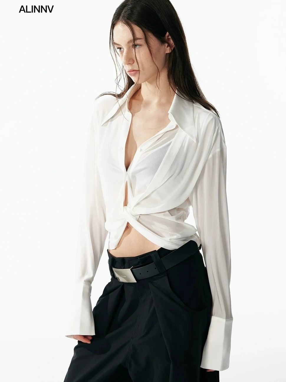 ALINNV STUDIO V-Neck Twist Detail Blouse With Flowy Sleeves Shirts