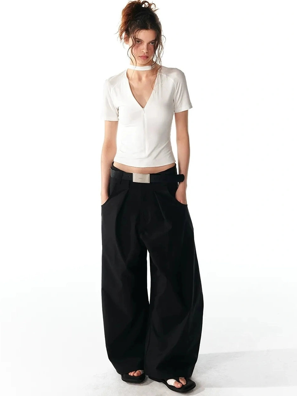 ALINNV STUDIO V-neck Zip Up Cropped T-shirt With Choker Neckline T-shirt