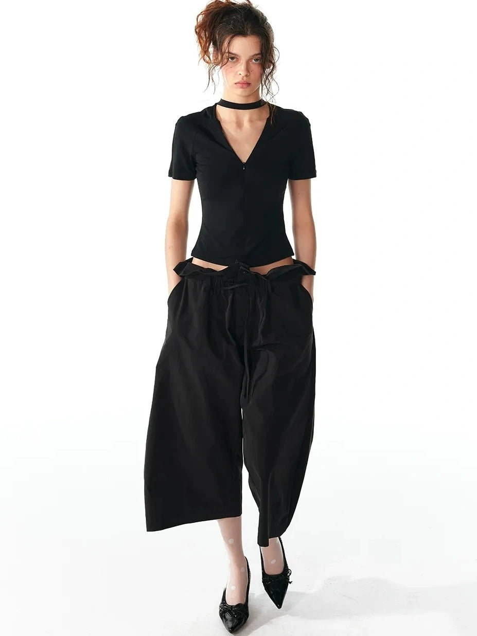 ALINNV STUDIO V-neck Zip Up Cropped T-shirt With Choker Neckline T-shirt