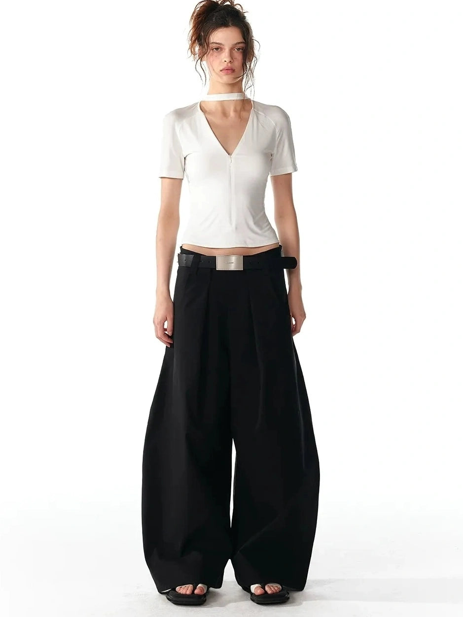 ALINNV STUDIO V-neck Zip Up Cropped T-shirt With Choker Neckline T-shirt