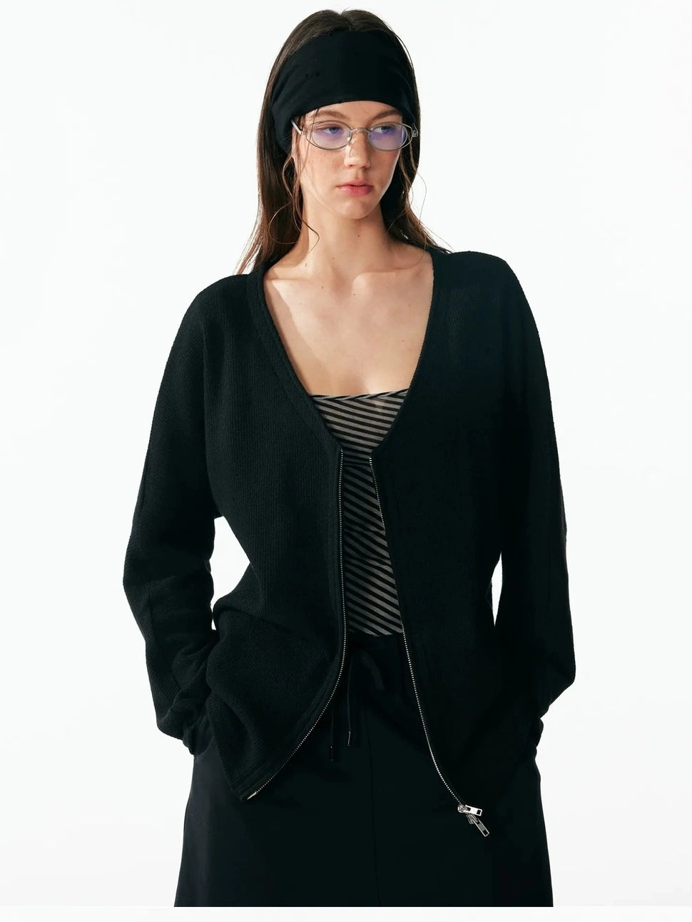ALINNV STUDIO V-neck Zip Up Wool Knit Cardigan Cardigan