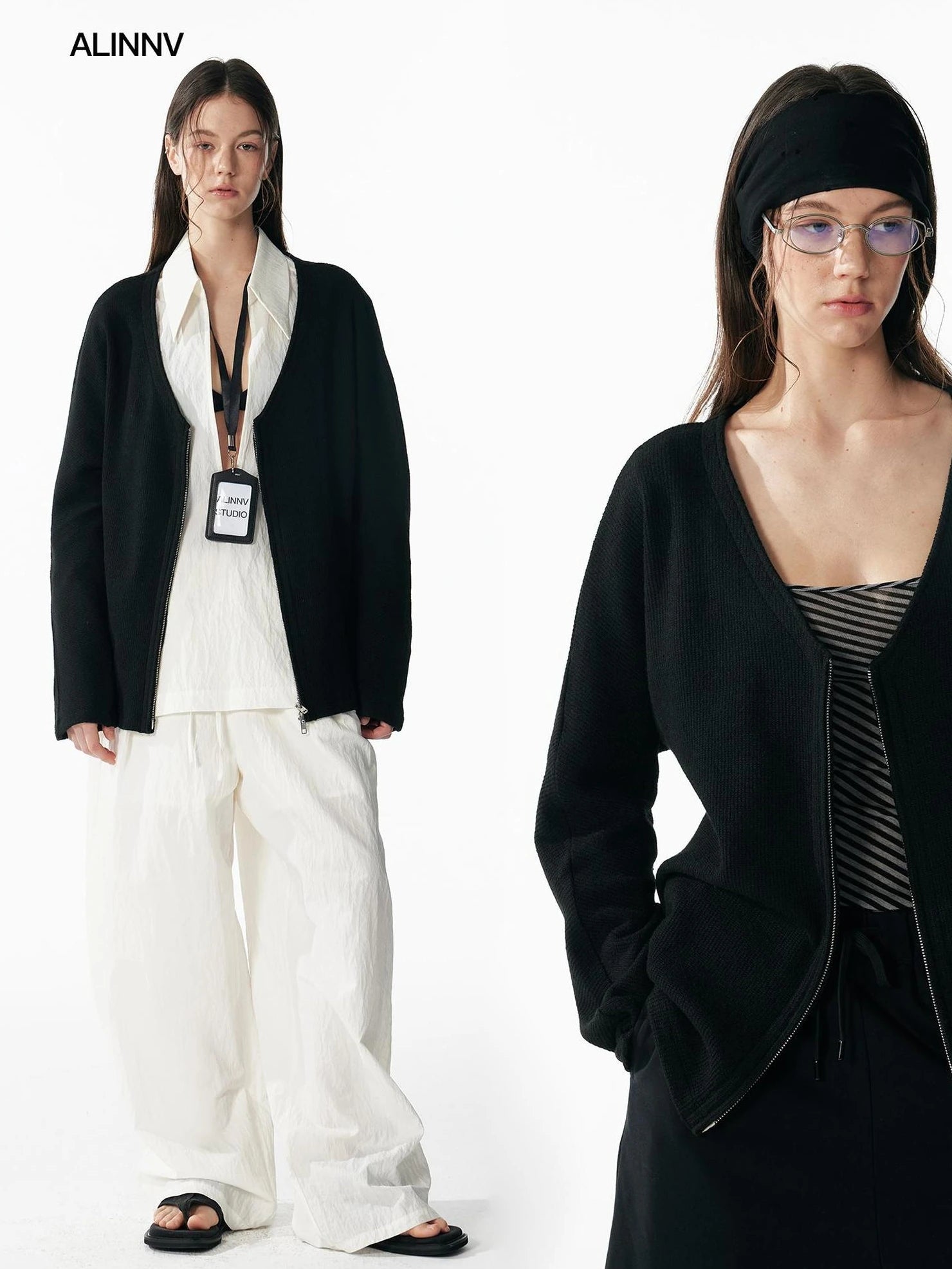 ALINNV STUDIO V-neck Zip Up Wool Knit Cardigan Cardigan