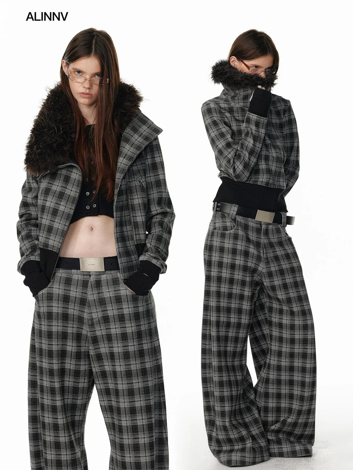 ALINNV STUDIO Vintage Check Detachable Faux Fur Lined Hoodie Coat Hoodies/Sweatshirt