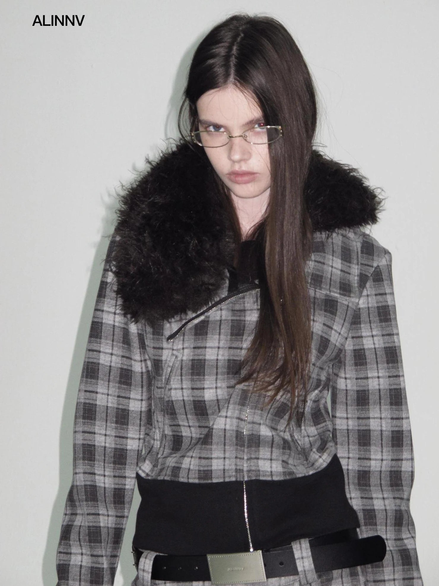 ALINNV STUDIO Vintage Check Detachable Faux Fur Lined Hoodie Coat Hoodies/Sweatshirt