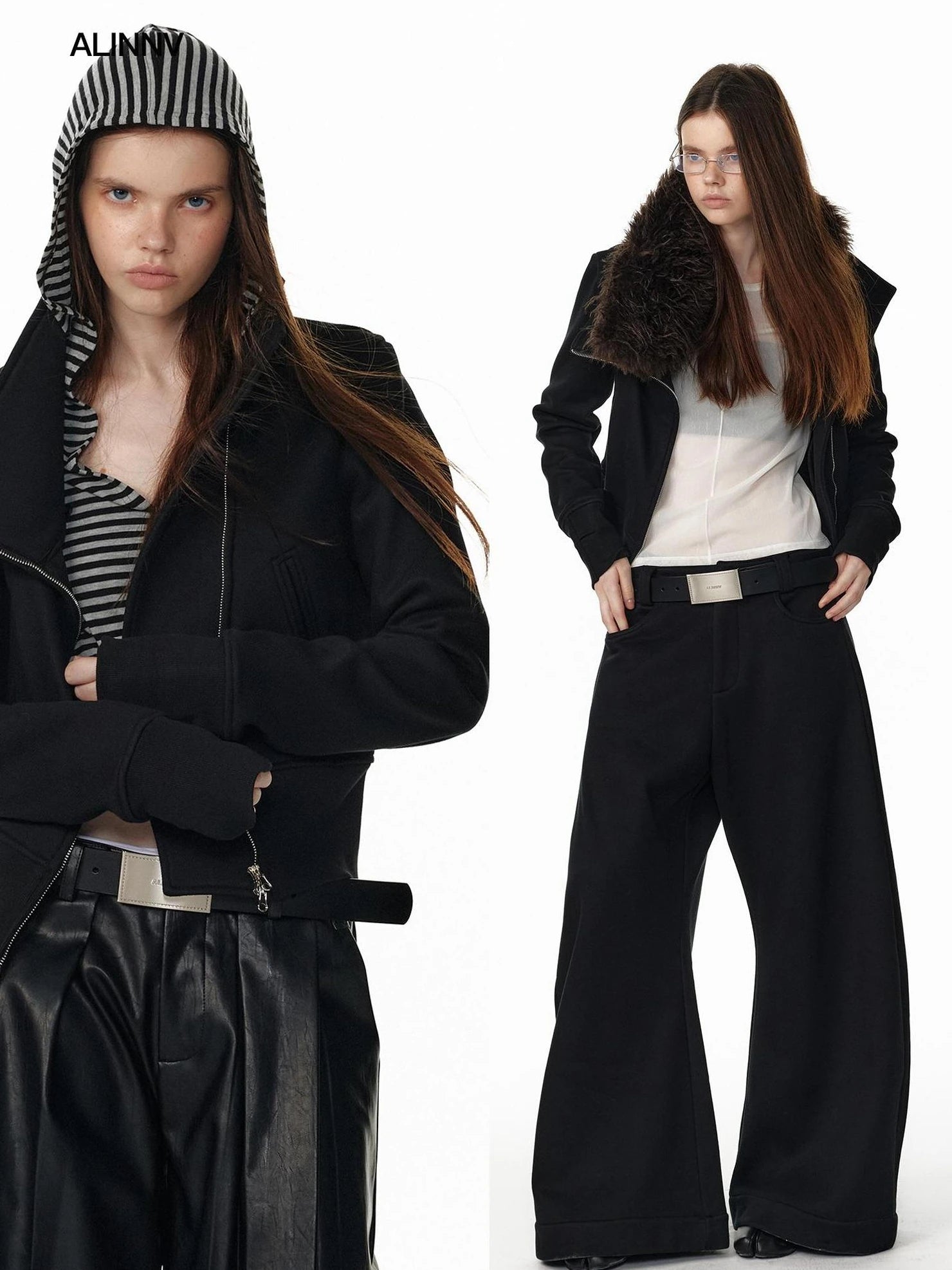 ALINNV STUDIO Vintage Check Detachable Faux Fur Lined Hoodie Coat Hoodies/Sweatshirt