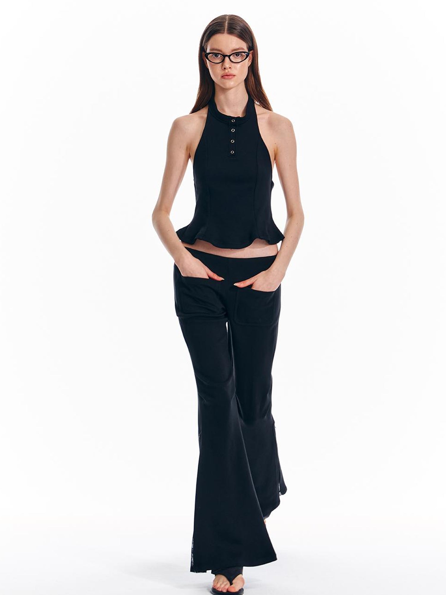 ALINNV STUDIO Vintage Low Rise Embroidered Flared Sweatpants with Sheer Panel