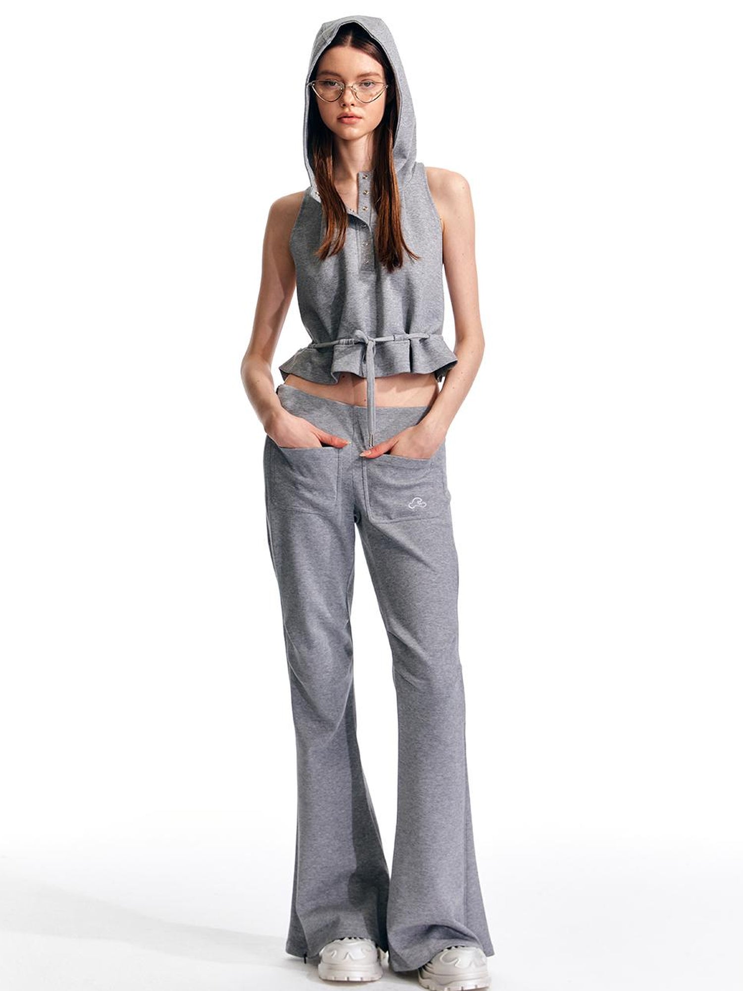 ALINNV STUDIO Vintage Low Rise Embroidered Flared Sweatpants with Sheer Panel