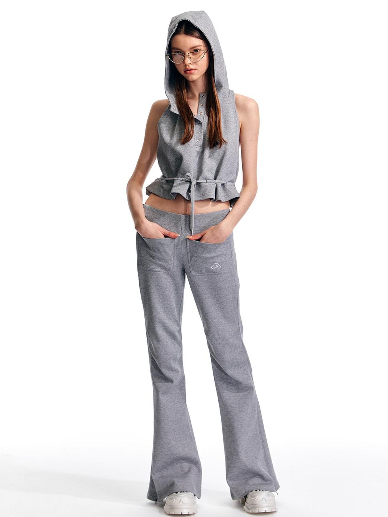 ALINNV STUDIO Vintage Low Rise Embroidered Flared Sweatpants with Sheer Panel