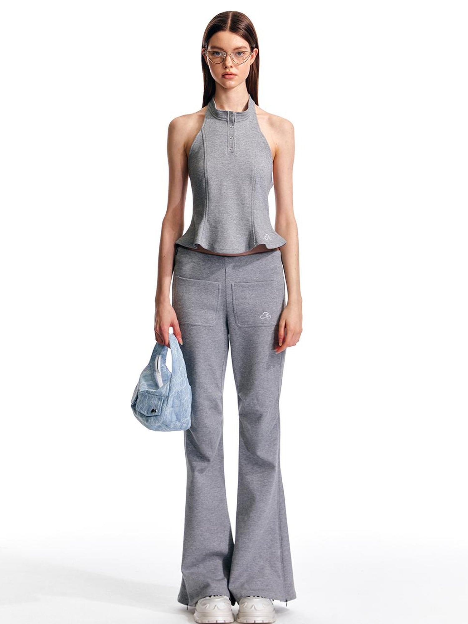 ALINNV STUDIO Vintage Low Rise Embroidered Flared Sweatpants with Sheer Panel