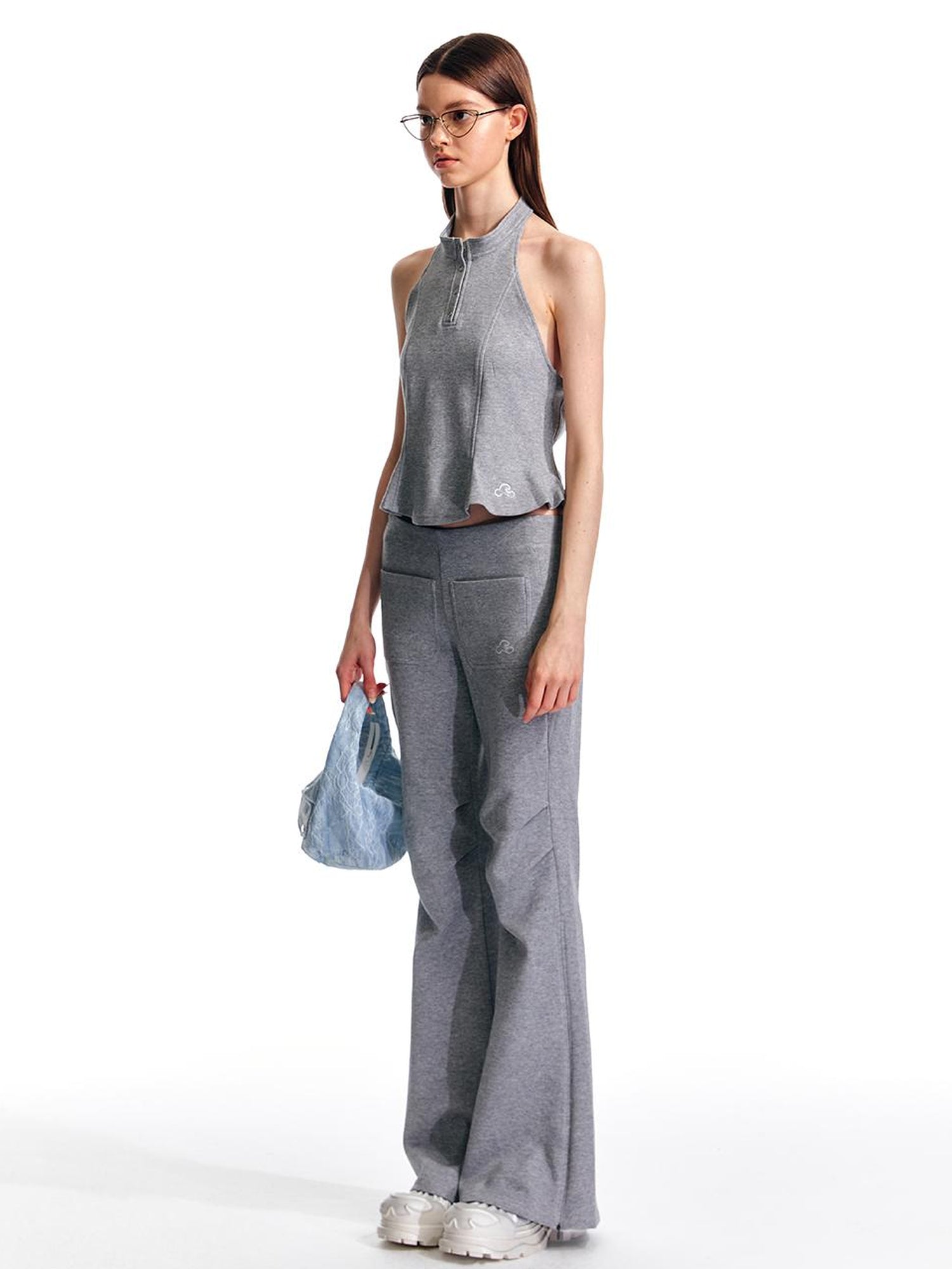 ALINNV STUDIO Vintage Low Rise Embroidered Flared Sweatpants with Sheer Panel