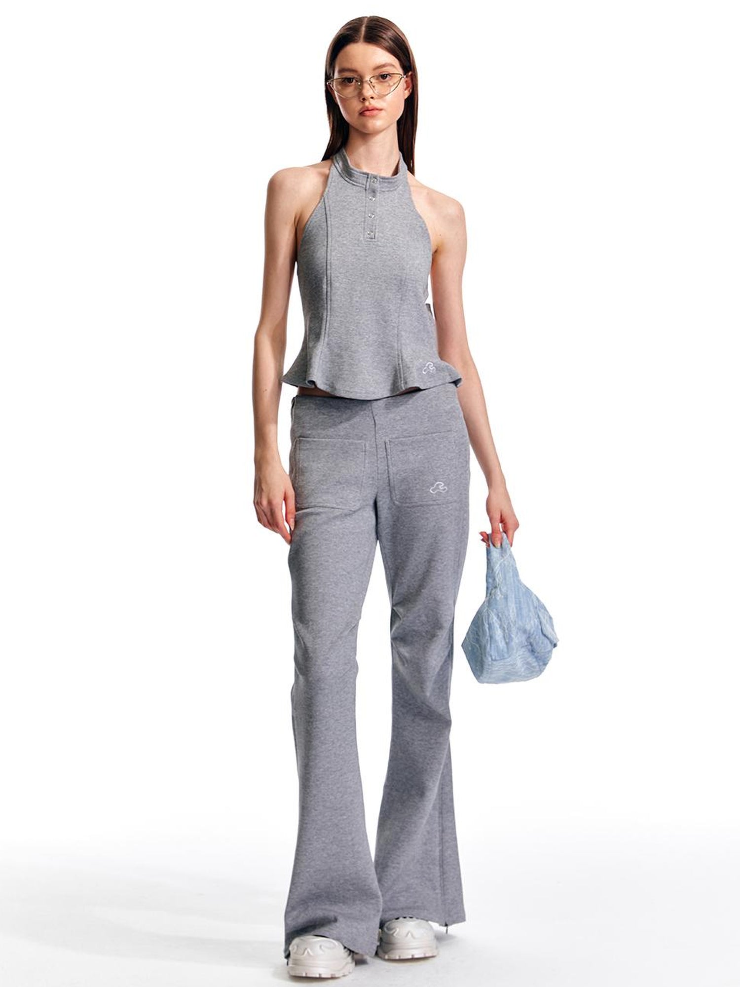 ALINNV STUDIO Vintage Low Rise Embroidered Flared Sweatpants with Sheer Panel