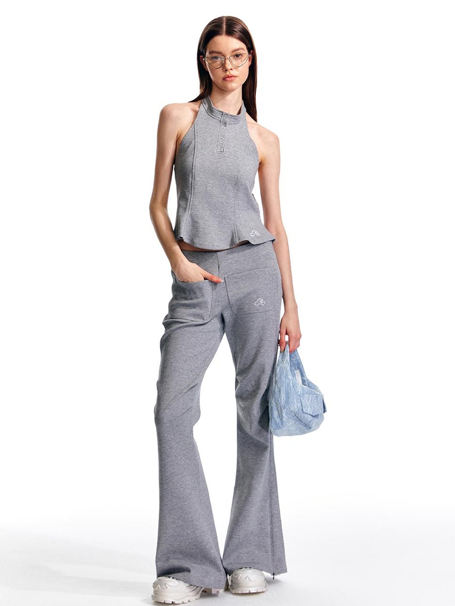 ALINNV STUDIO Vintage Low Rise Embroidered Flared Sweatpants with Sheer Panel