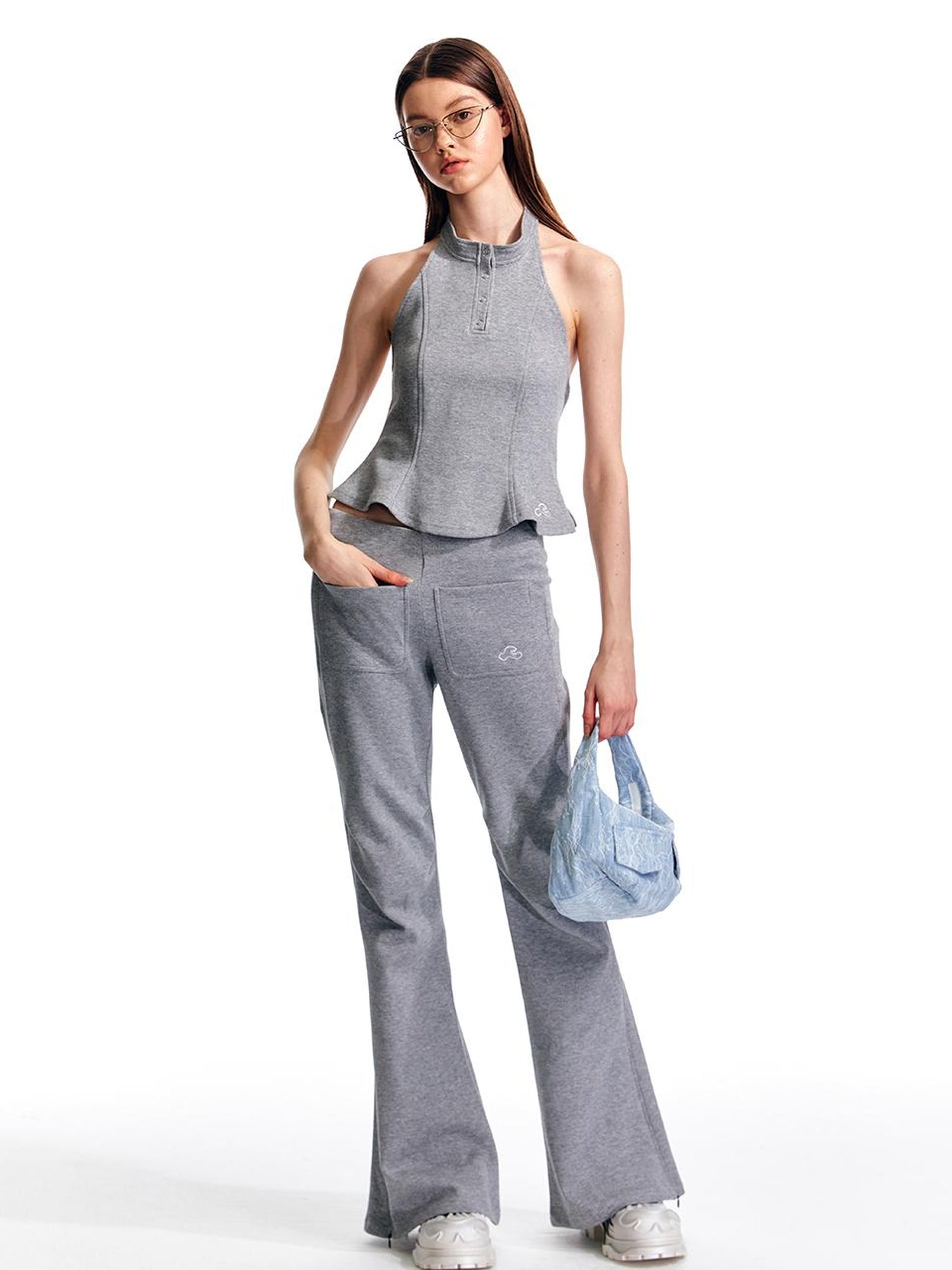 ALINNV STUDIO Vintage Low Rise Embroidered Flared Sweatpants with Sheer Panel