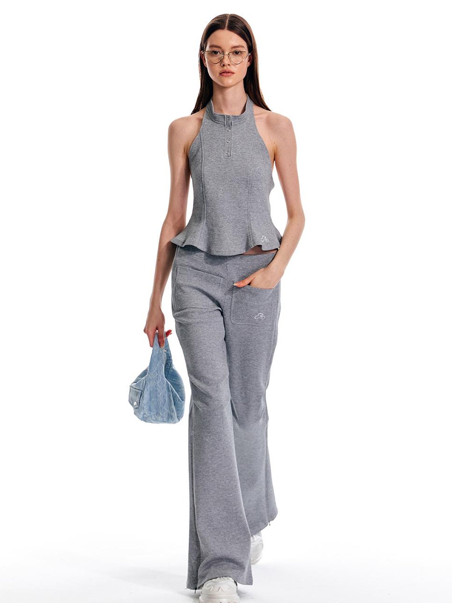 ALINNV STUDIO Vintage Low Rise Embroidered Flared Sweatpants with Sheer Panel