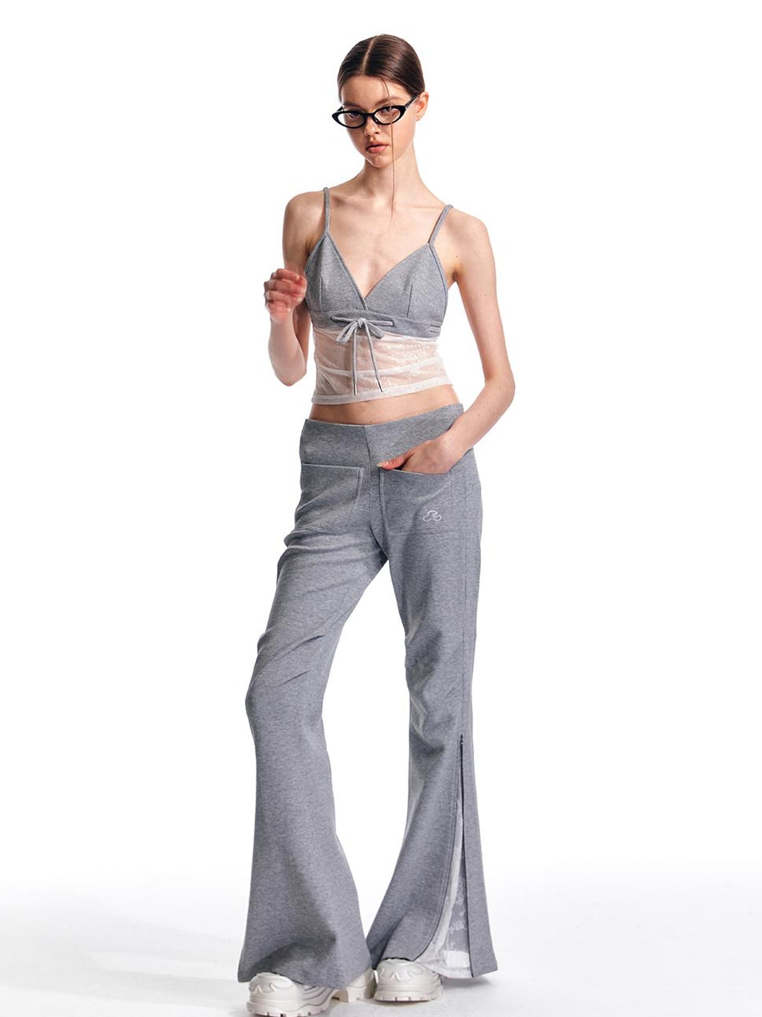 ALINNV STUDIO Vintage Low Rise Embroidered Flared Sweatpants with Sheer Panel