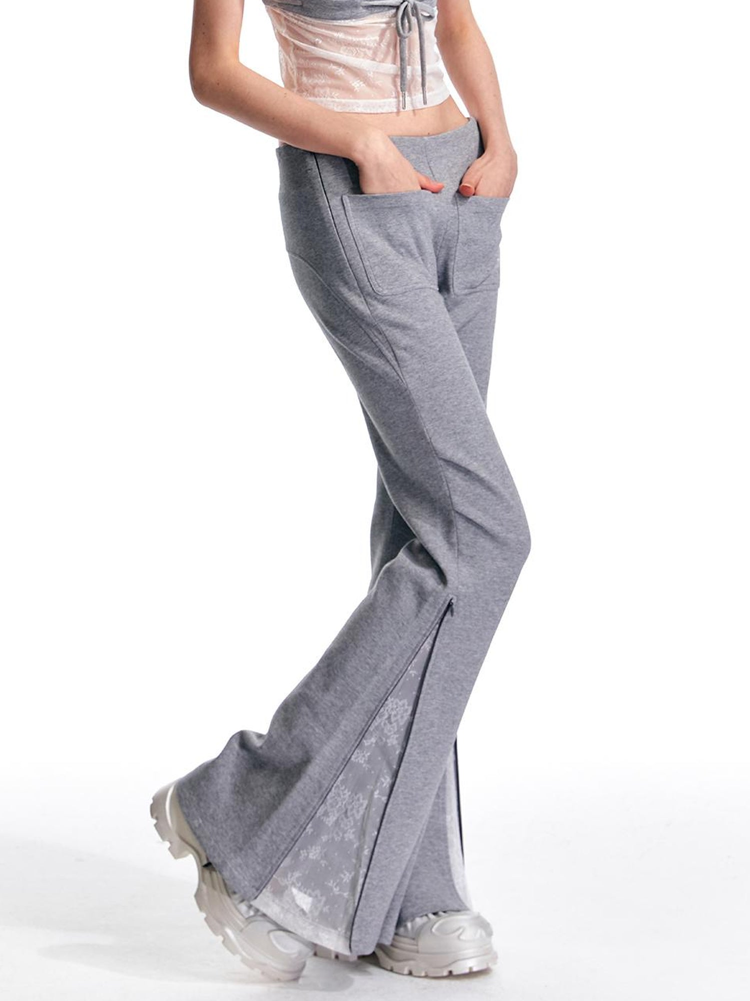 ALINNV STUDIO Vintage Low Rise Embroidered Flared Sweatpants with Sheer Panel