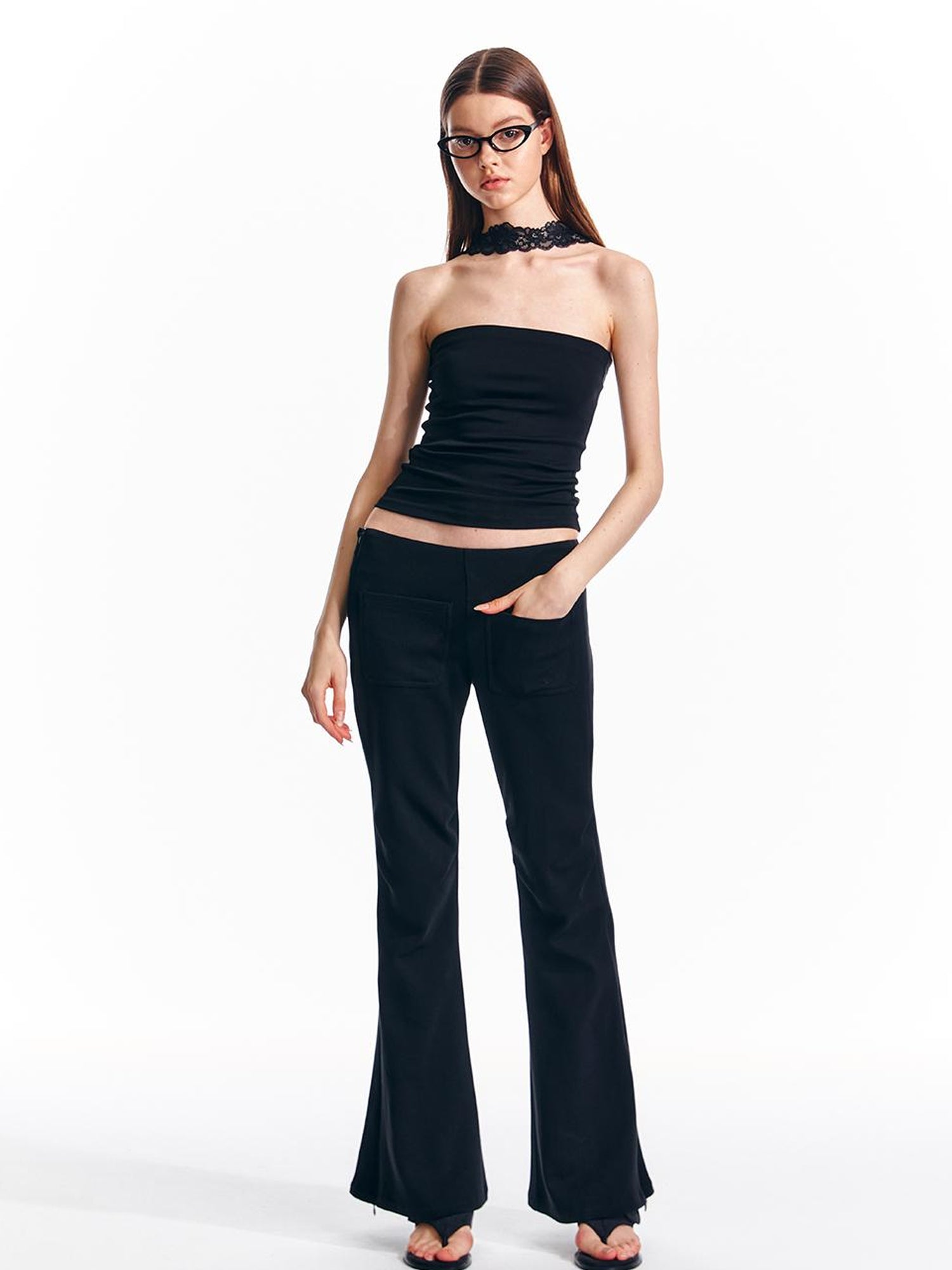 ALINNV STUDIO Vintage Low Rise Embroidered Flared Sweatpants with Sheer Panel