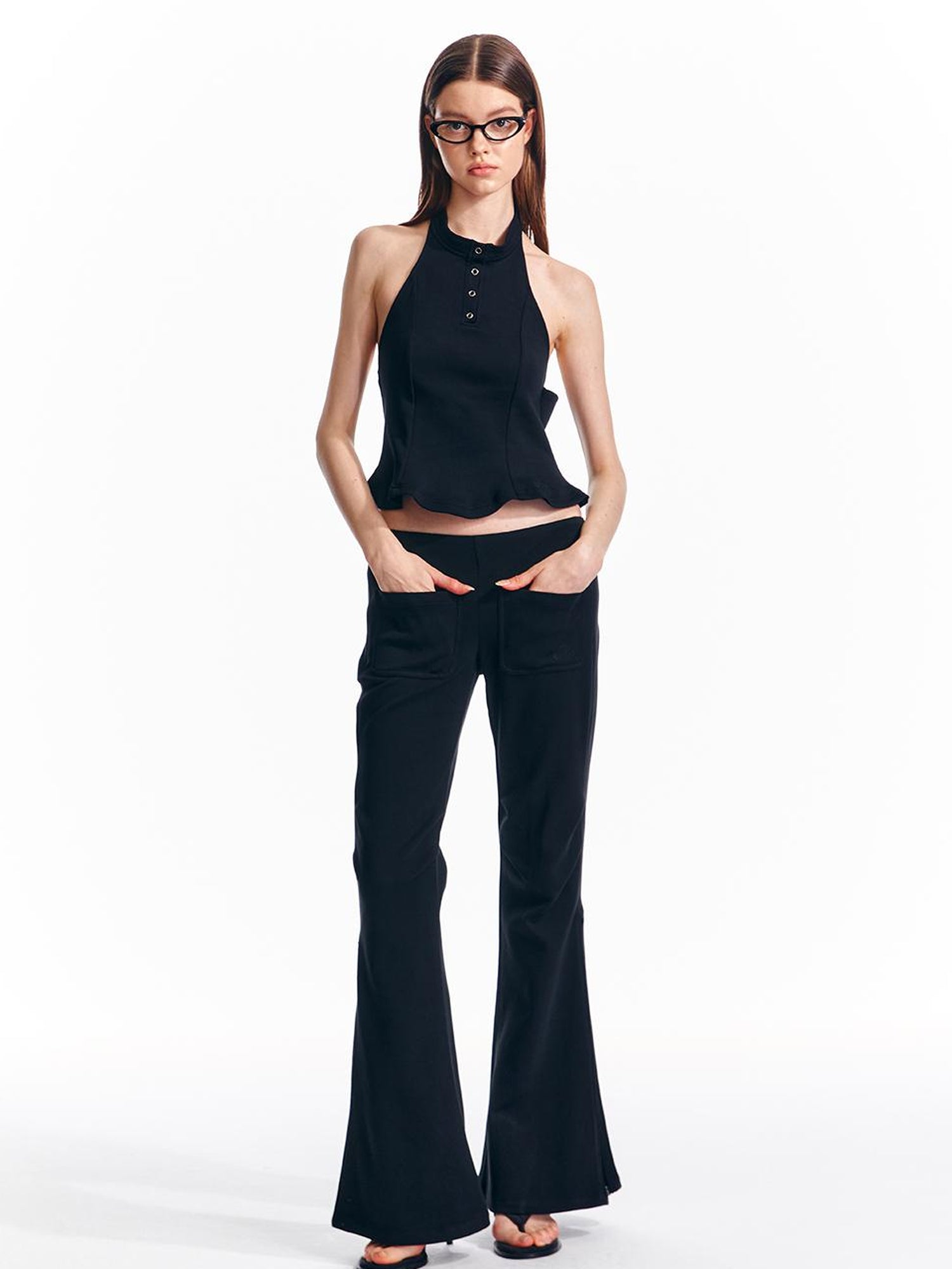 ALINNV STUDIO Vintage Low Rise Embroidered Flared Sweatpants with Sheer Panel