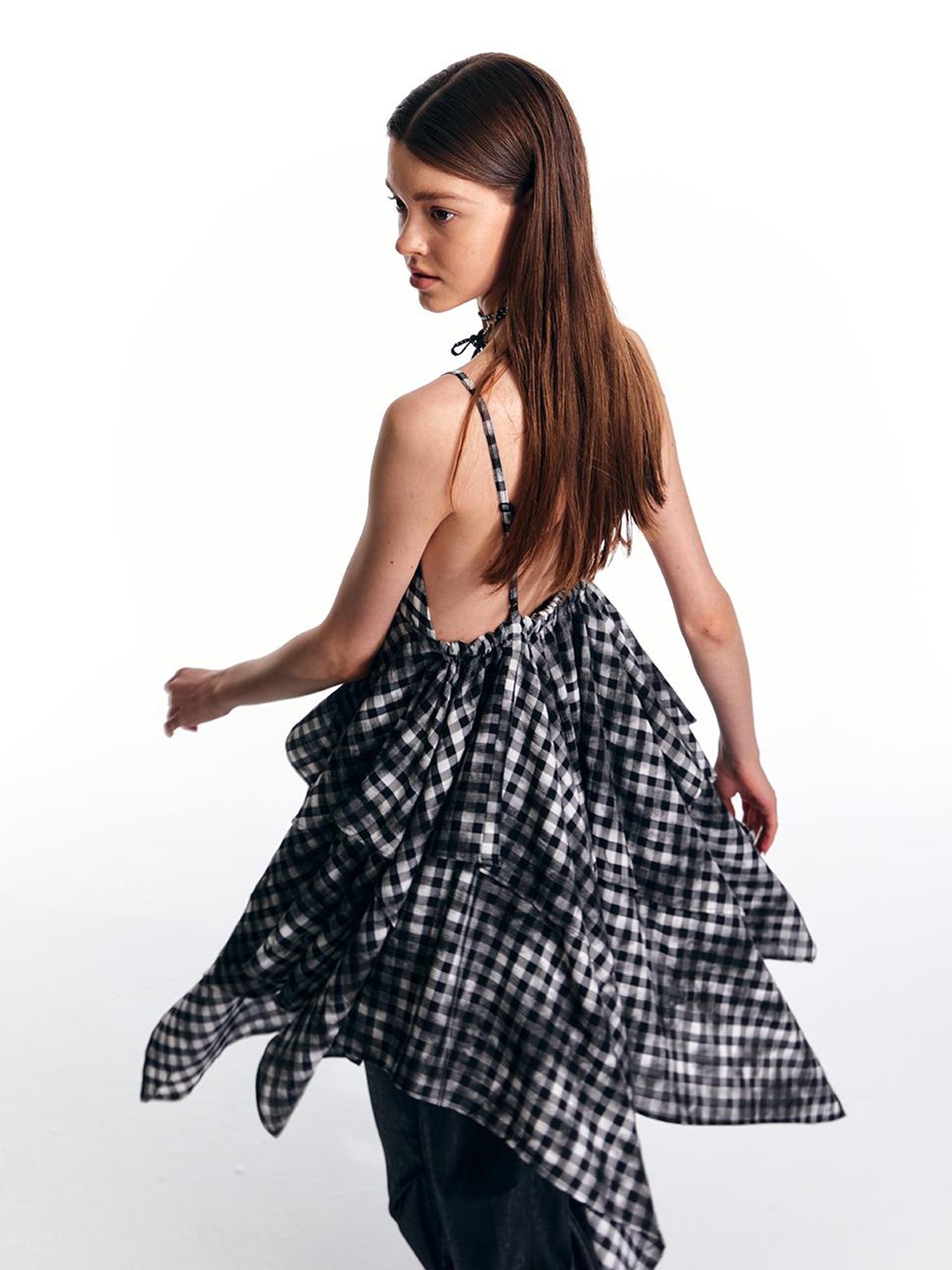 ALINNV STUDIO Vintage Plaid Double Layer Asymmetrical Slip Dress