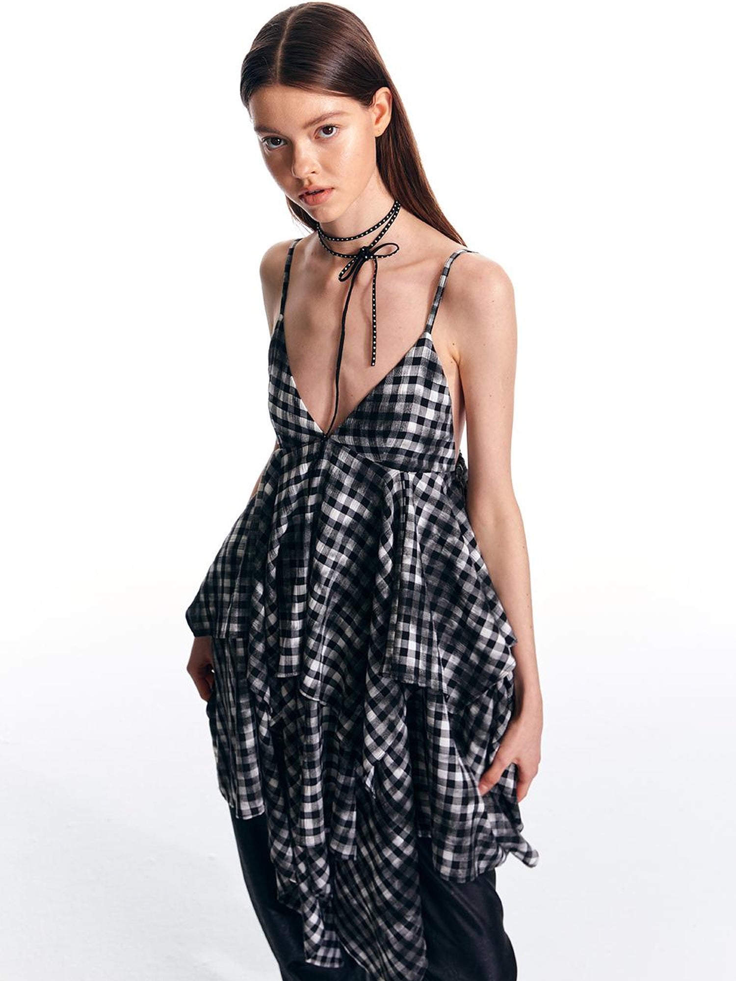 ALINNV STUDIO Vintage Plaid Double Layer Asymmetrical Slip Dress